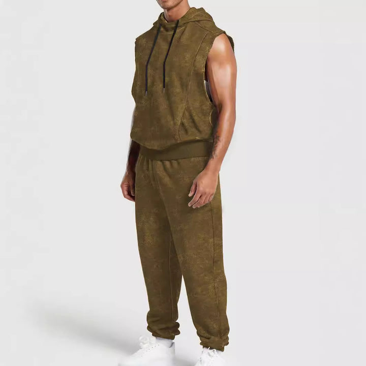 Herren nan ärmelloses Kapuzensweat-Set in Veloursoptik mit elastischer Jogginghose und gerippten Abschlüssen Drune