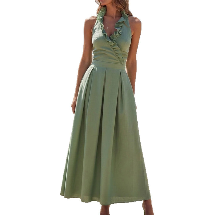 Damen Elegantes Maxi-Kleid mit verspieltem Rüschen-Ausschnitt und taillierter Passform Drune