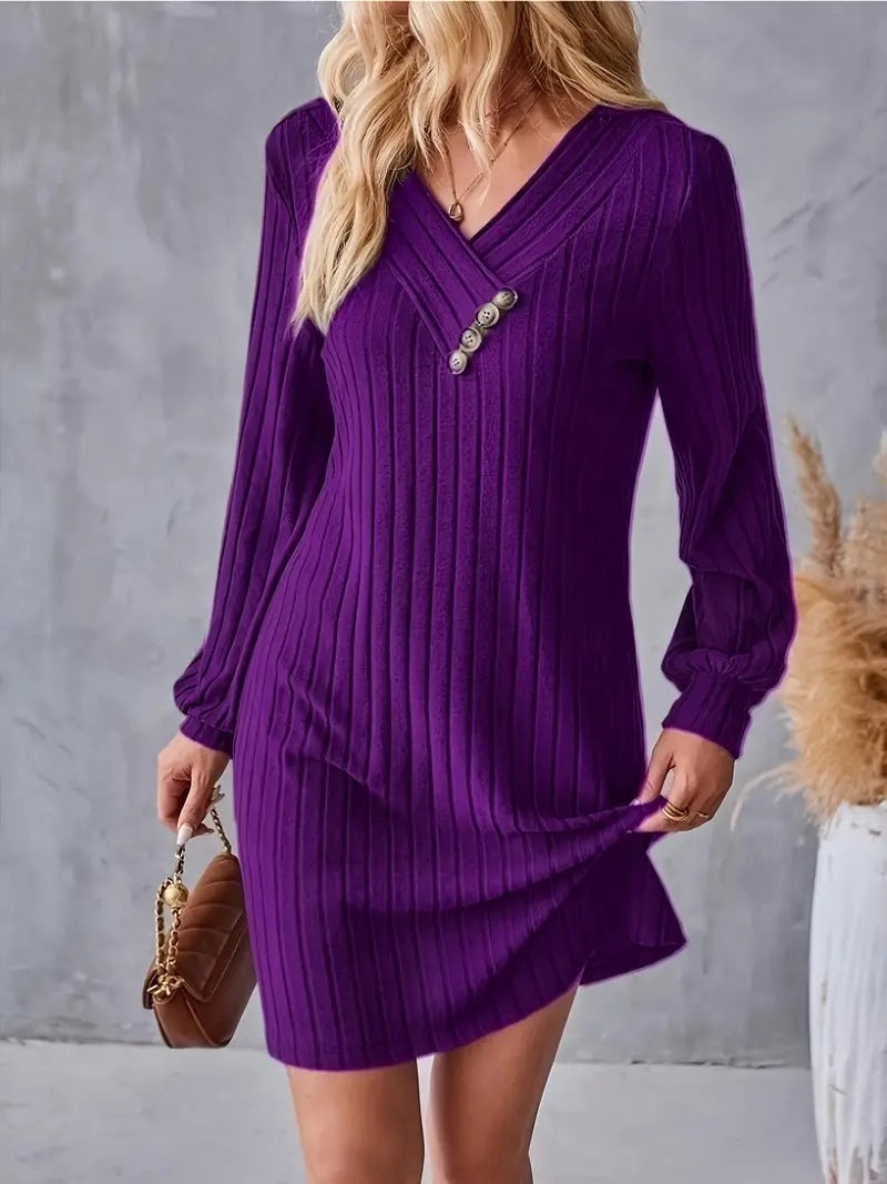 Damen Röhrenkleid mit elegantem V-Ausschnitt und dekorativen Knöpfen Drune
