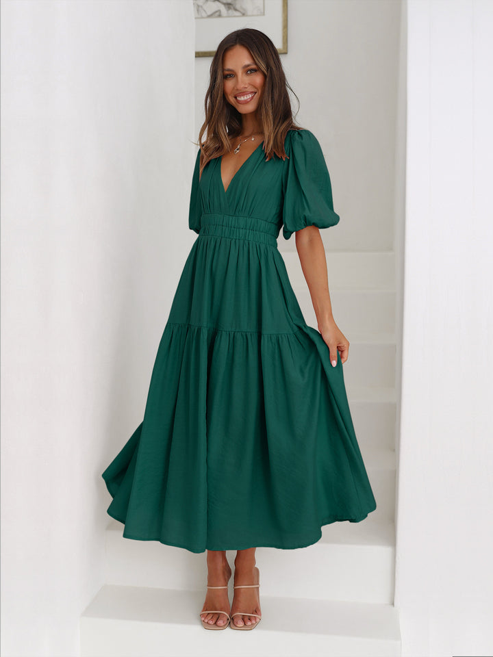 Damen Maxikleid mit puffärmeligem Design und elastischem Taillenzug Drune