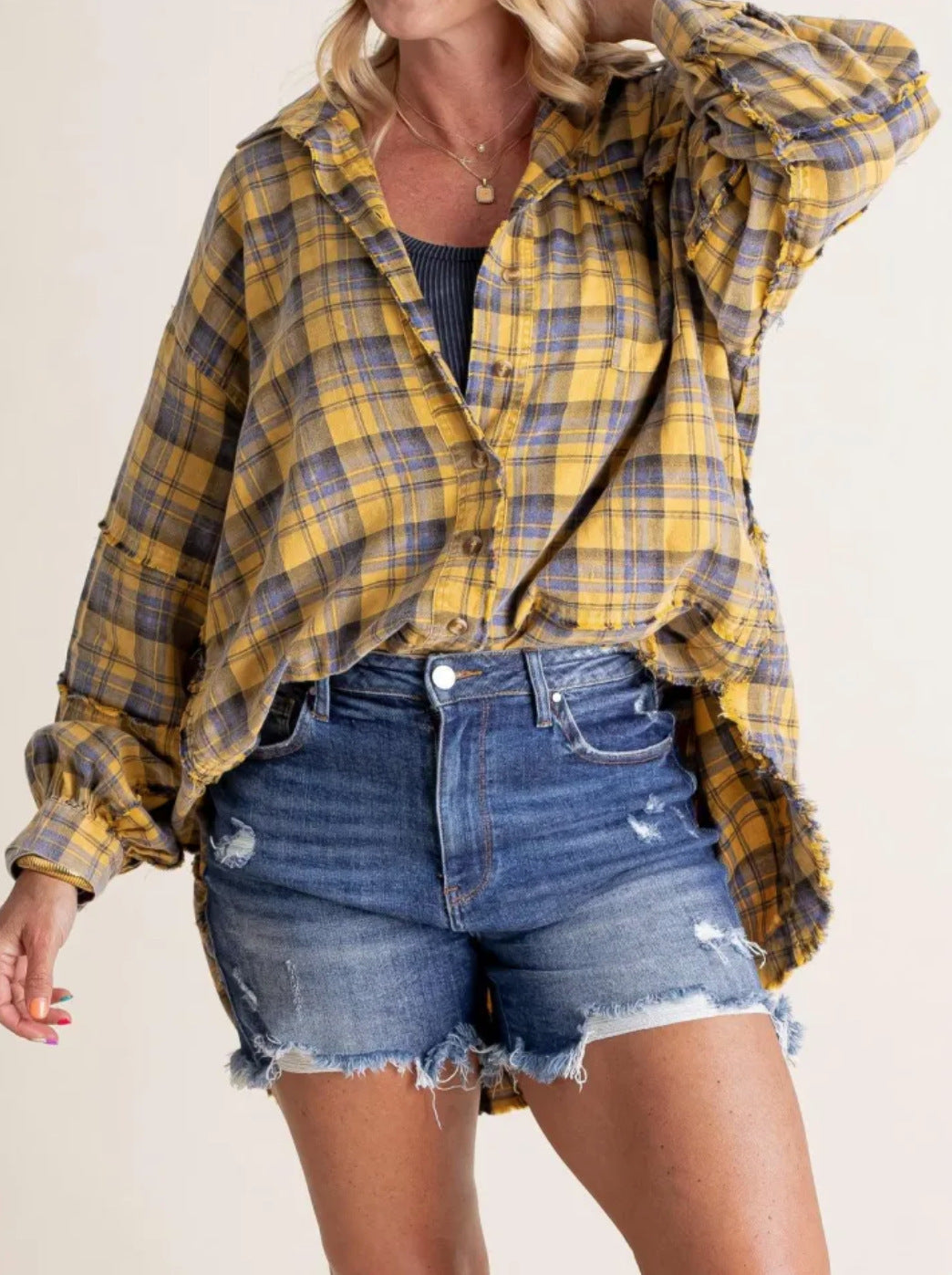 Damen lässige Oversized-Hemdjacke mit Karomuster Drune