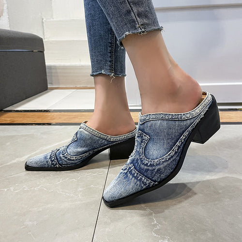 Damen elegante Mules mit modischem Jeans-Design und komfortablem Blockabsatz Drune