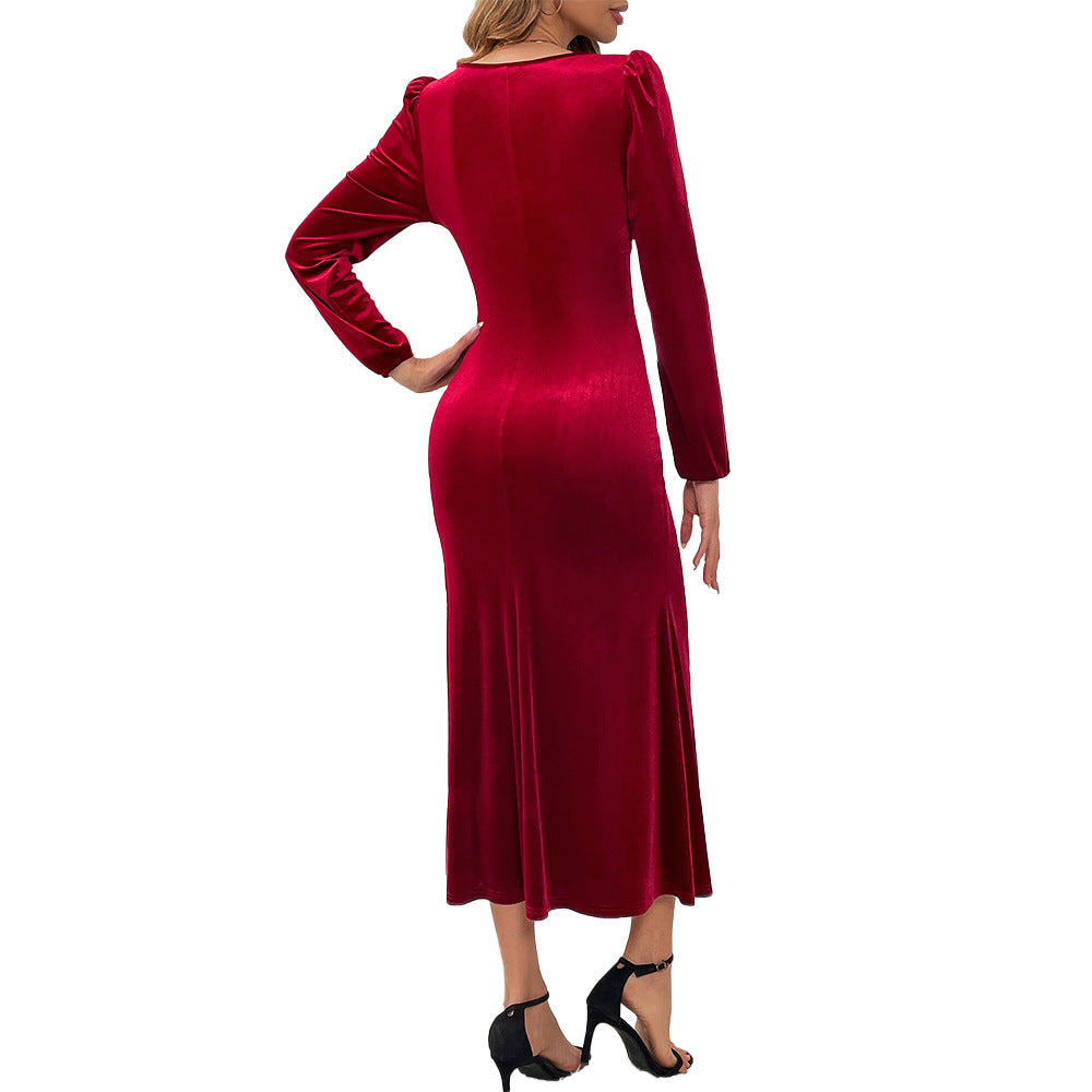 Damen elegantes Samt-Midikleid mit langem Arm und herzförmigem Ausschnitt Drune