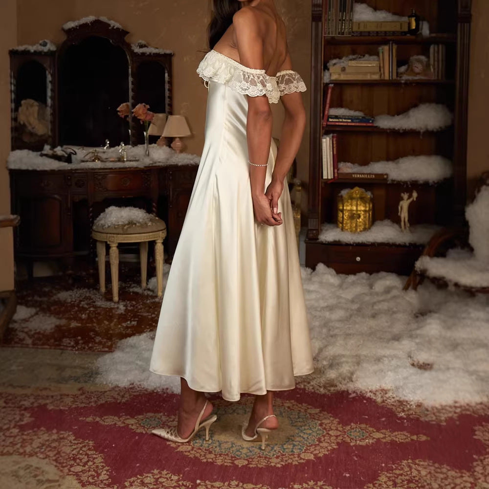 Damen Elegantes bodenlanges Kleid mit Spitzenbesatz Drune