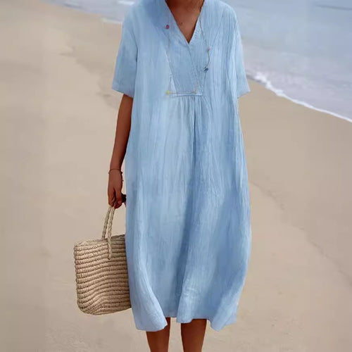 Damen lässiges Leinenkleid mit Knopfdetails und schickem V-Ausschnitt Drune