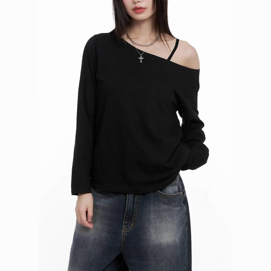 Damen nan asymmetrisches Off-Shoulder Langarmshirt aus Baumwollstretch mit lässigem Oversize-Schnitt Drune