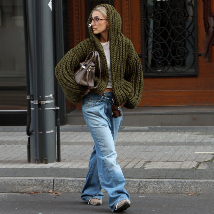 Damen Strickjacke mit oversize Schnitt und Kapuze Drune