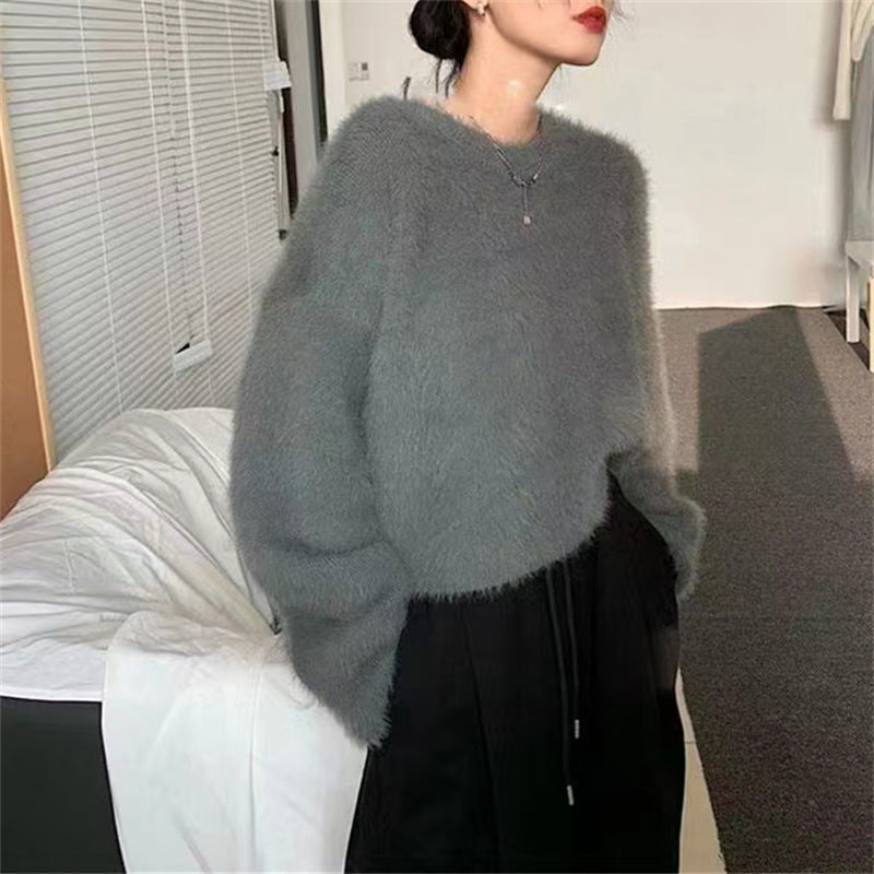 Damen Flauschiger Pullover mit lässigem Schnitt und hohem Rundhalsausschnitt Drune