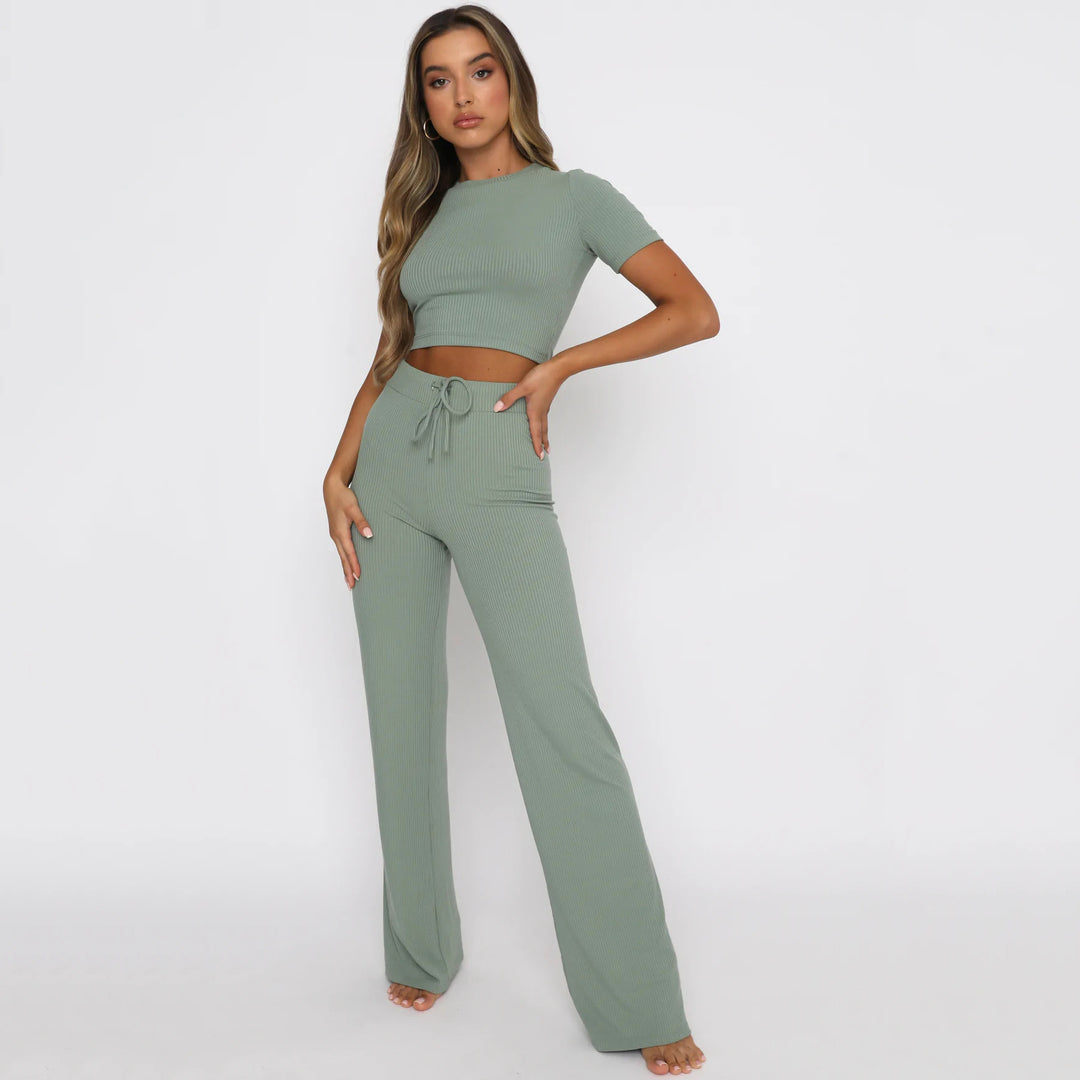 Damen modisches und komfortables Crop-Top-Hosen-Set Drune