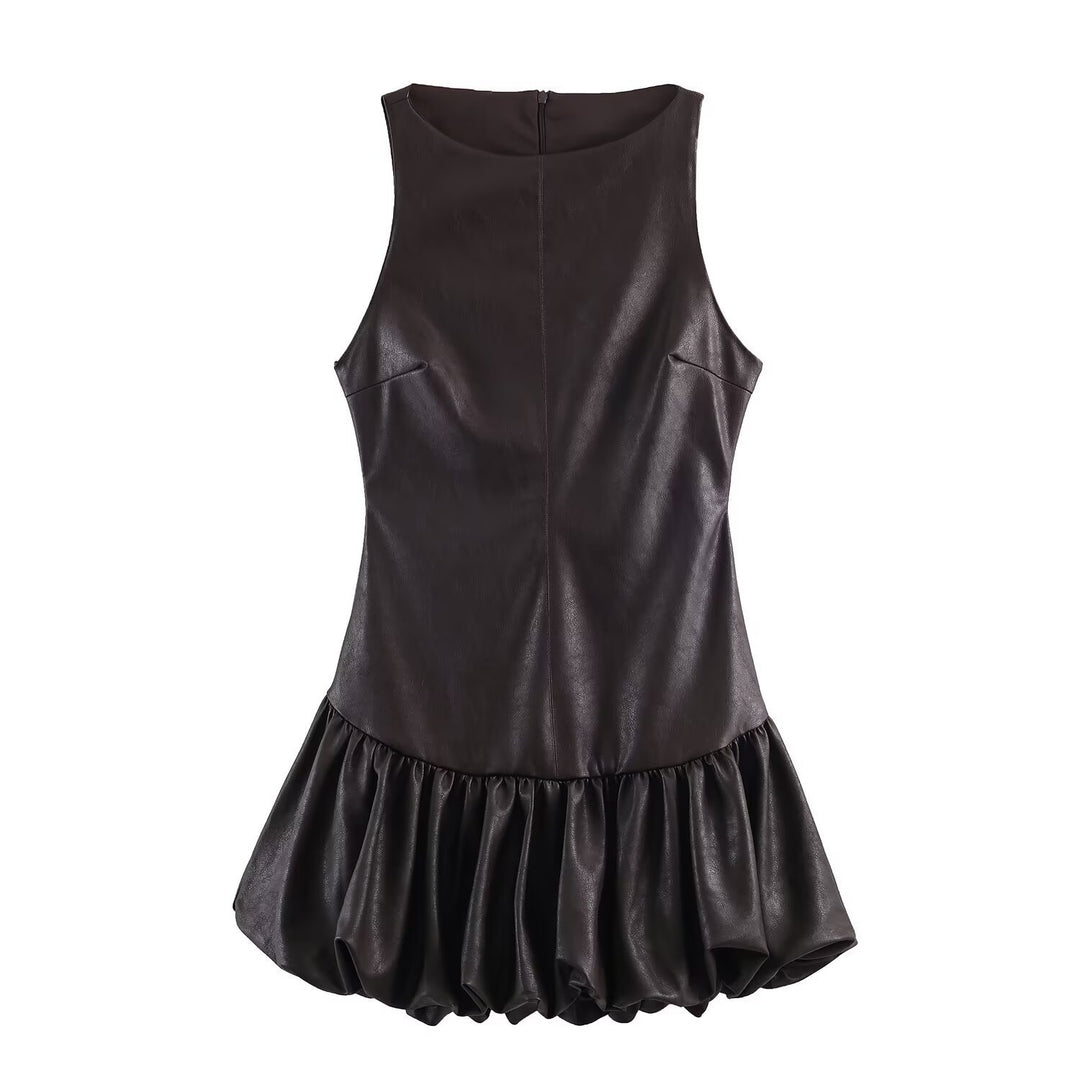 Damen ärmelloses Kunstlederkleid mit voluminösem Rock Drune