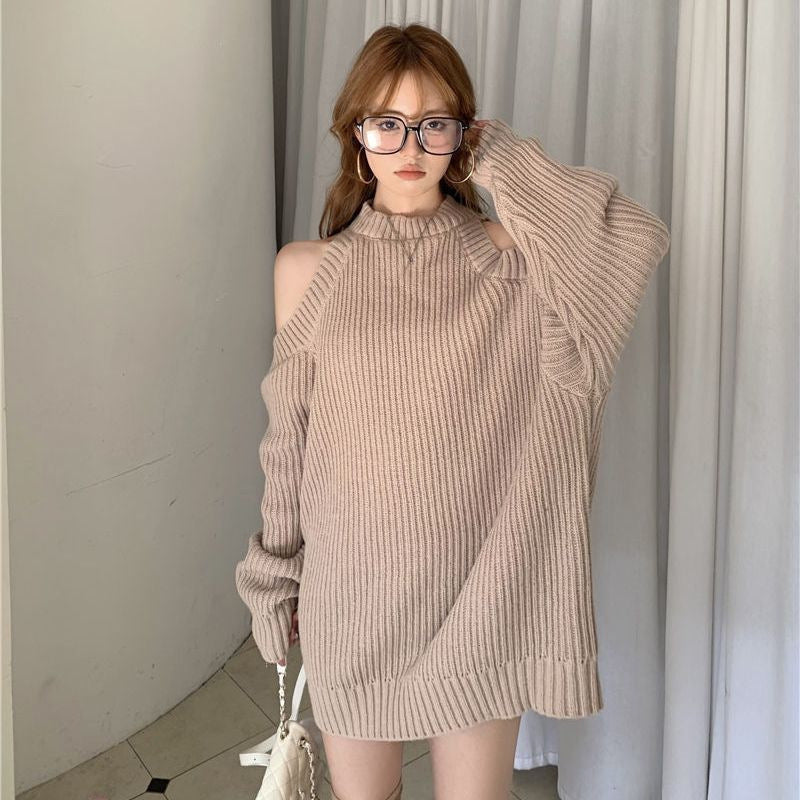 Damen Strickkleid mit schulterfreier Optik und Rippstruktur Drune