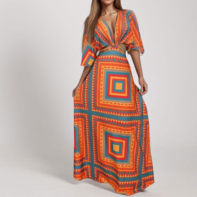 Damen Maxi-Kleid mit tiefem V-Ausschnitt und Wellenmuster Drune