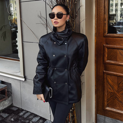 Damen Modische Kunstlederjacke mit hohen Kragen und praktischen Taschen Drune