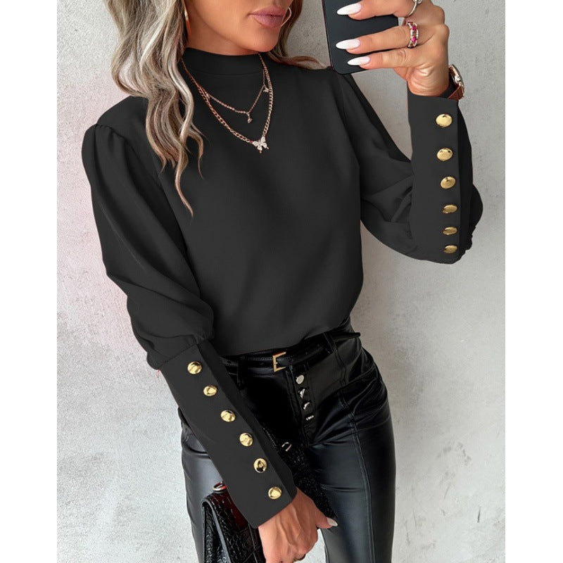 Damen elegante Bluse mit Puffärmeln und goldenen Knopfdetails Drune