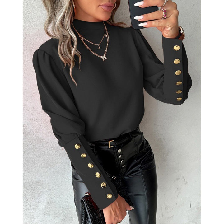 Damen elegante Bluse mit Puffärmeln und goldenen Knopfdetails Drune