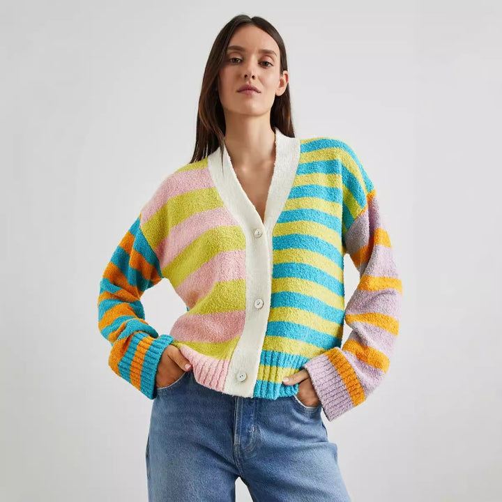 Damen Gemusterte Strickjacke mit farbenfrohem Streifenmuster und Knopfdetails Drune