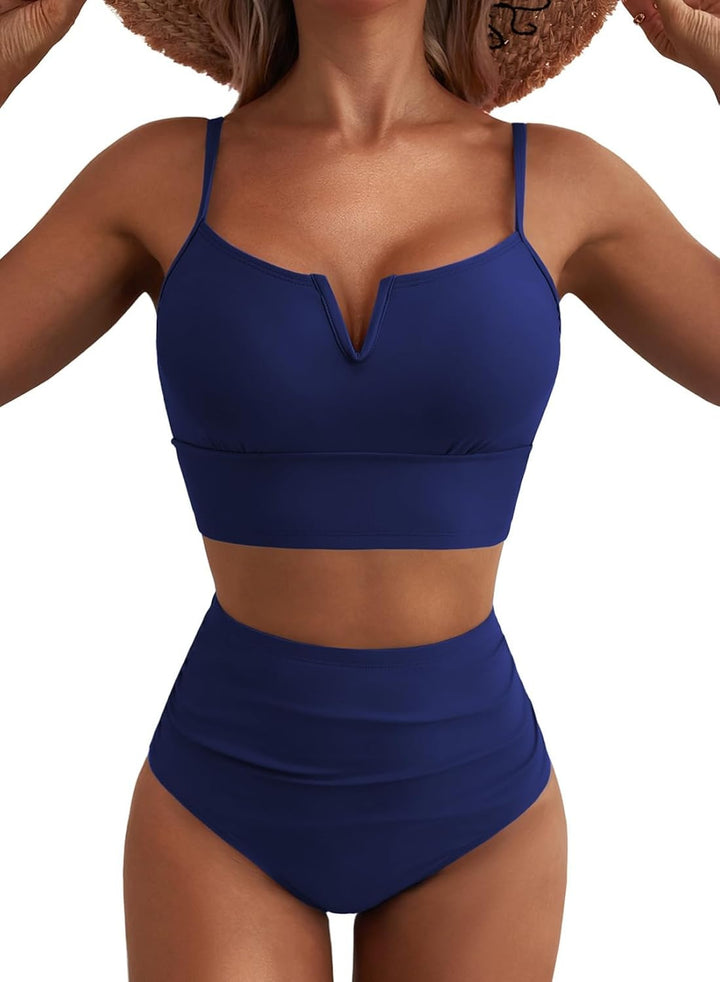 Damen Hochtailliertes Bikini-Set mit V-Ausschnitt und breiten Trägern Drune