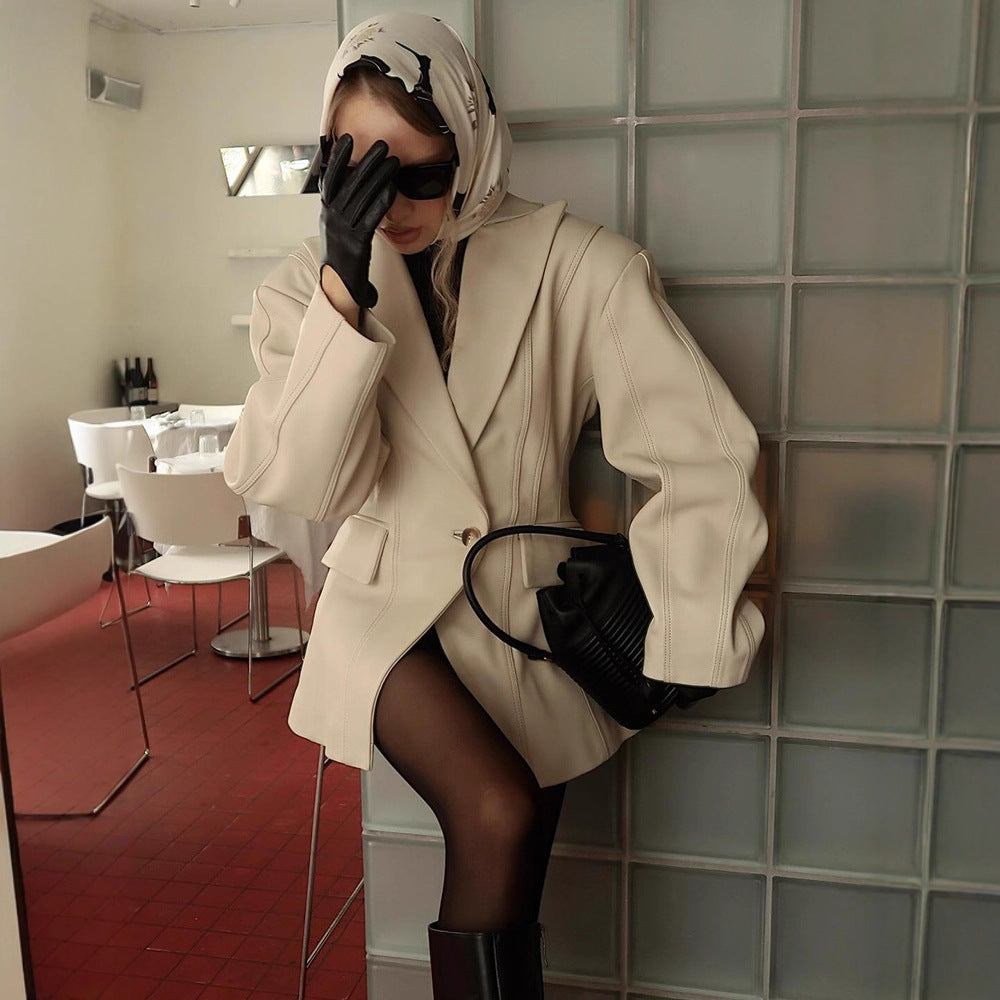 Damen Elegante Kunstleder Blazerjacke mit strukturiertem Design Drune