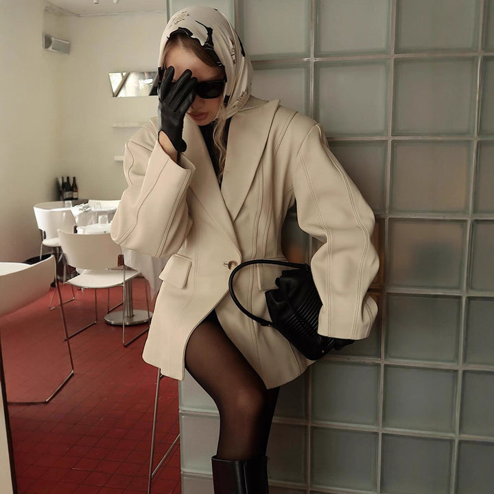 Damen Elegante Kunstleder Blazerjacke mit strukturiertem Design Drune