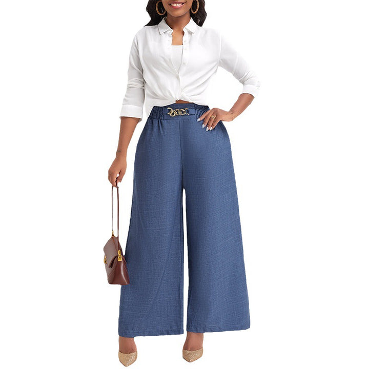 Damen Elegante Weitbein-Hose mit elastischem Bund und goldener Kette Drune