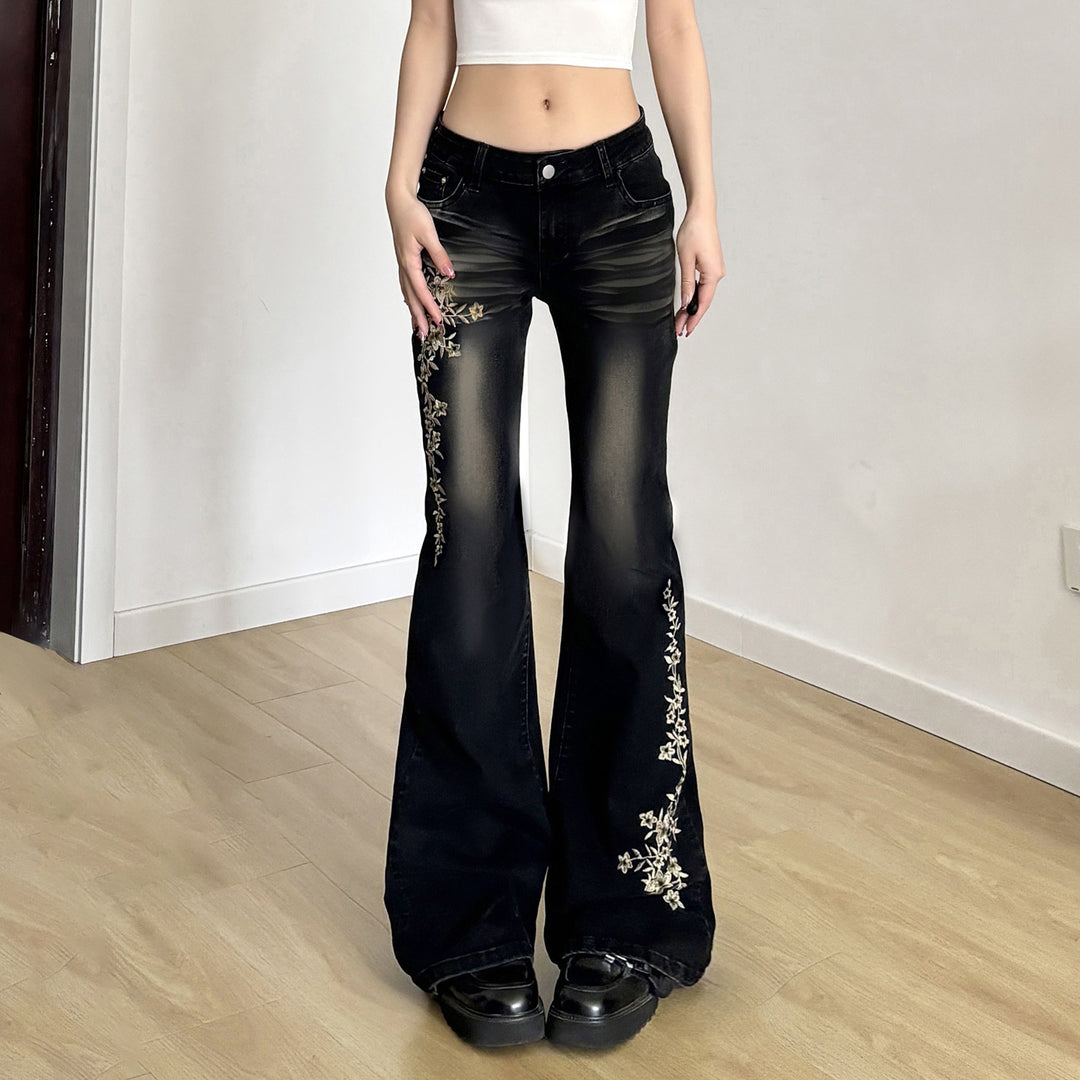 Damen Flared Jeans mit eleganter Blumenstickerei Drune