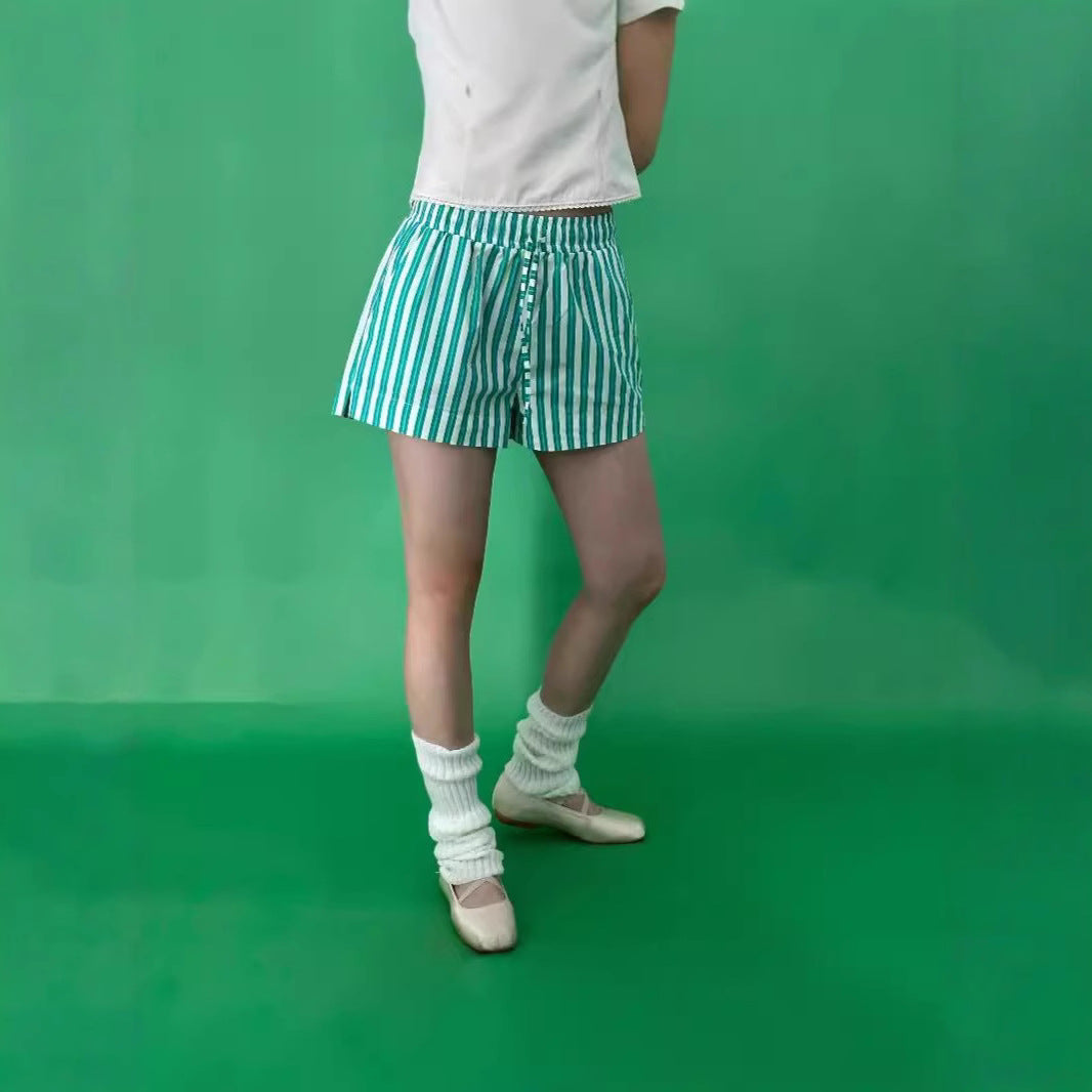 Damen bequeme Freizeit-Shorts mit farbenfrohem Streifenmuster und elastischem Bund Drune