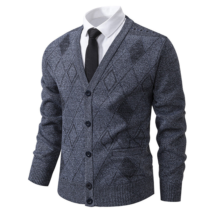 Herren nan feiner Rauten-Strickcardigan mit V-Ausschnitt, Knopfleiste und Eingriffstaschen Drune