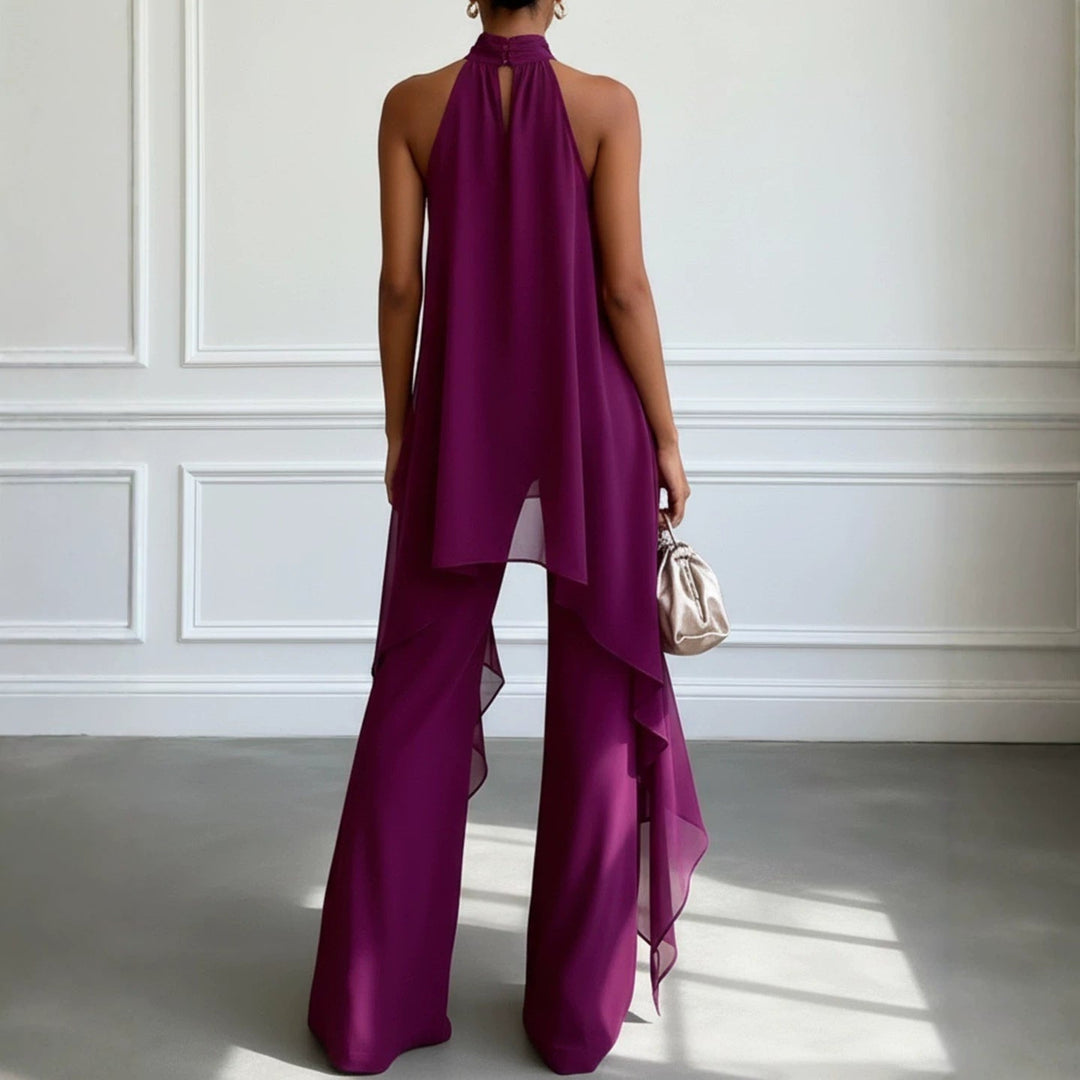 Damen nan elegantes Abendzweiteiler mit gerafftem Stehkragen, asymmetrischem Volant und fließender Schlaghose Drune