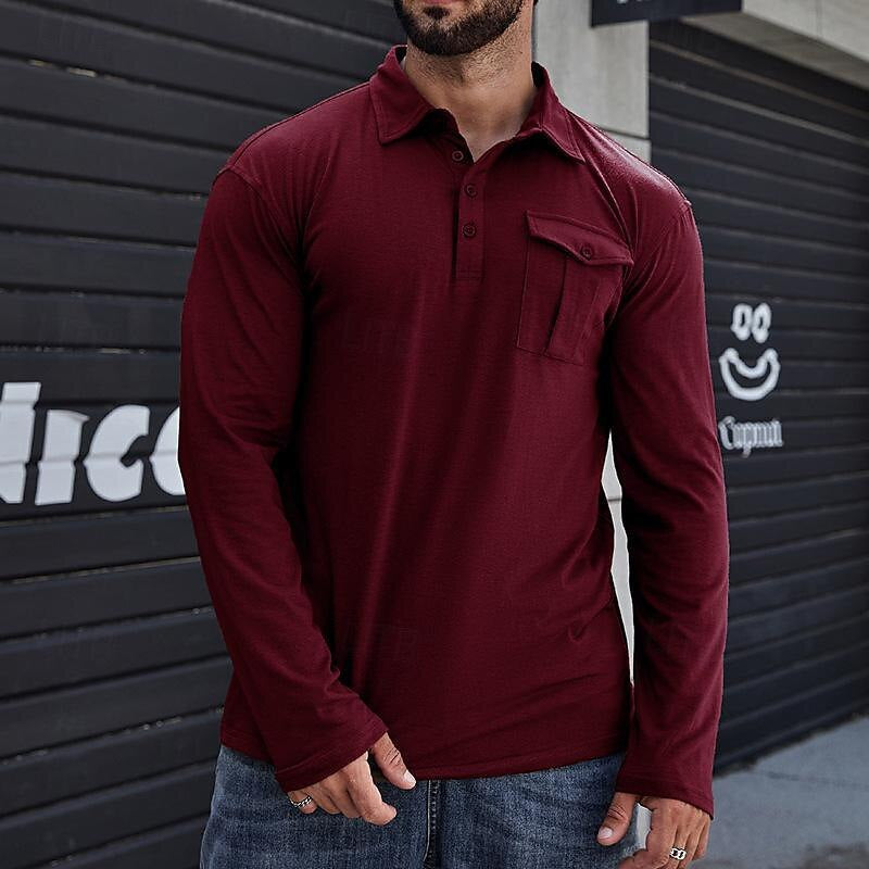Drune | Henley Pique Shirt Lange Ärmel Moderner Kragen Brusttasche Normale Passform