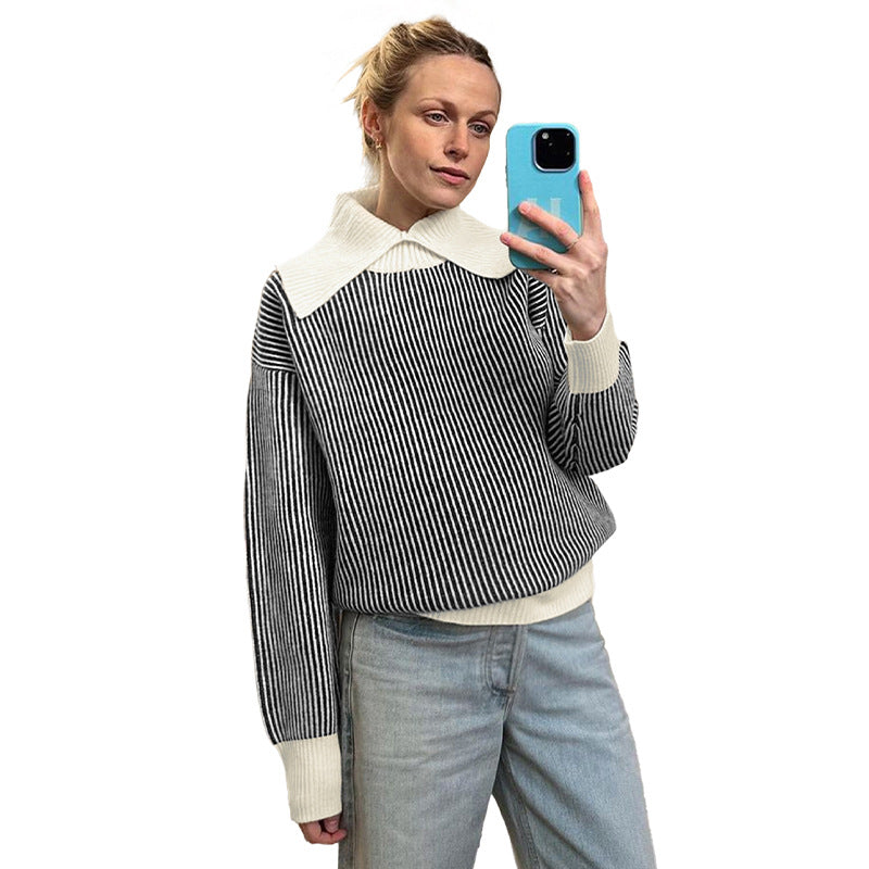 Damen Pullover mit modischem Streifenmuster und elegantem Kragen Drune