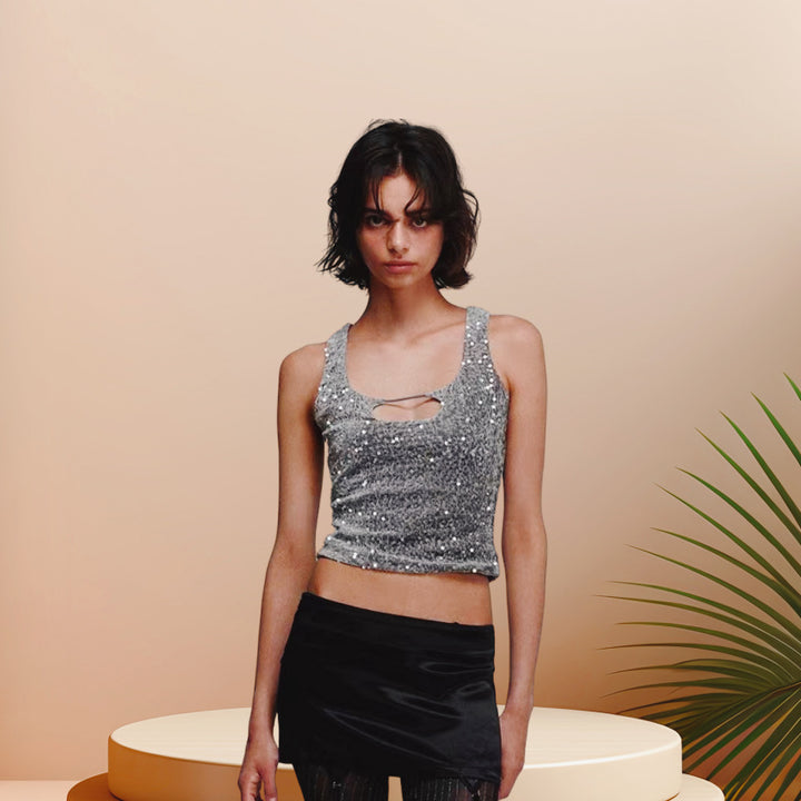 Damen Glitzerndes Crop-Top mit modischem Schlüssel-Ausschnitt und figurbetontem Schnitt Drune