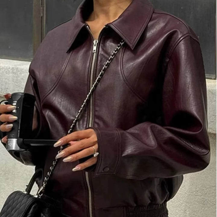 Damen nan klassische Harrington-Kunstlederjacke mit Hemdkragen, durchgehendem Reißverschluss und elastischem Saum Drune
