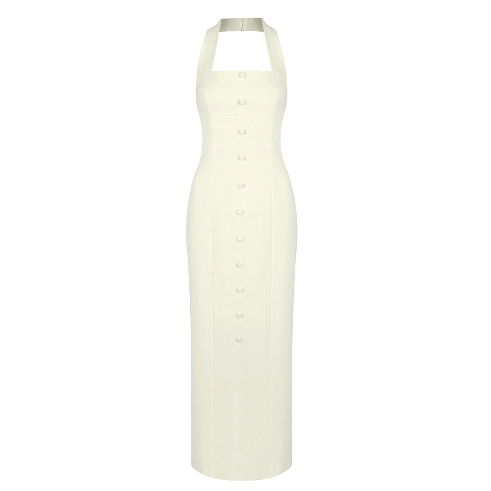 Damen Elegantes Maxikleid mit Halfter-Ausschnitt und raffinierten Knopfdetails Drune