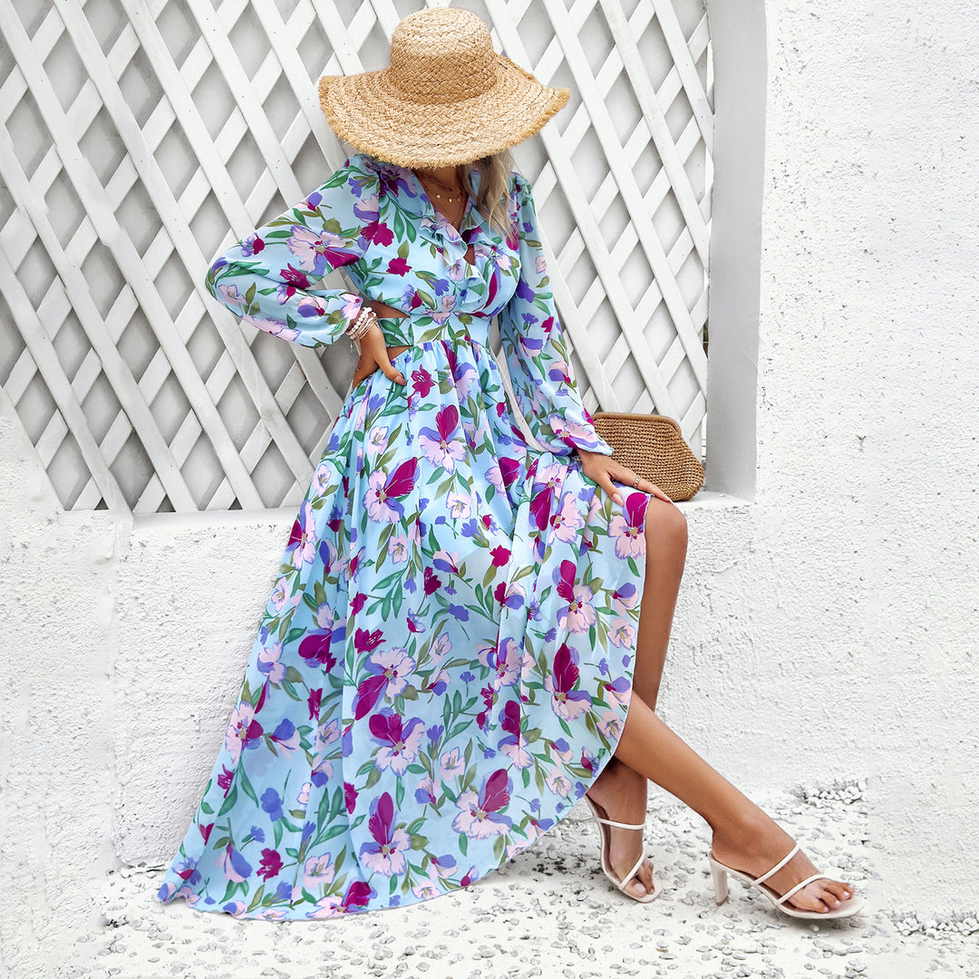 Damen nan luftig-fließendes Chiffon-Maxikleid mit Taillen-Cutouts, Rüschen-V-Ausschnitt und langen, transparenten Ärmeln Drune