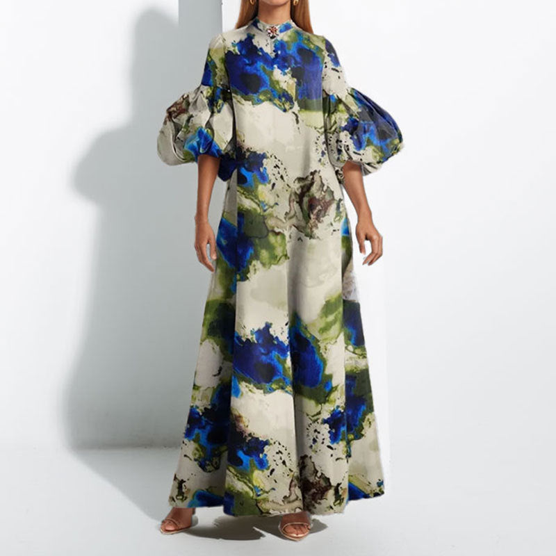 Damen Maxi-Kleid mit Volantärmeln und abstraktem Muster Drune