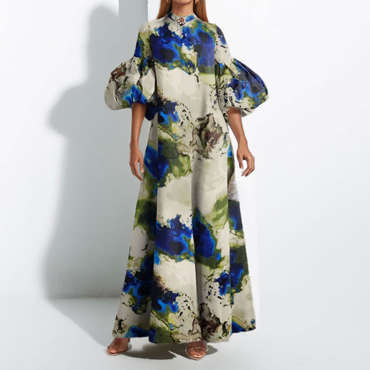 Damen Maxi-Kleid mit Volantärmeln und abstraktem Muster Drune