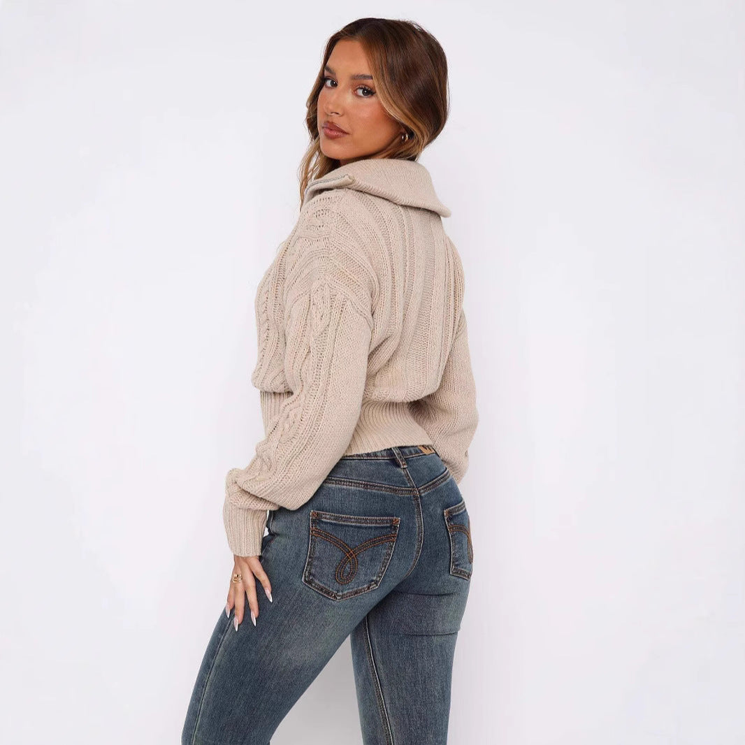 Damen modischer kurz geschnittener Strickcardigan mit Zopfmuster und Reißverschluss Drune