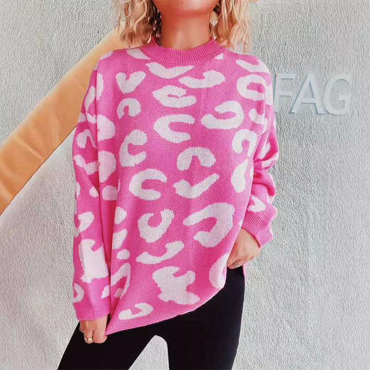 Damen gemütlicher Oversized-Pullover mit modernem Leopardenmuster und Rundhalsausschnitt Drune