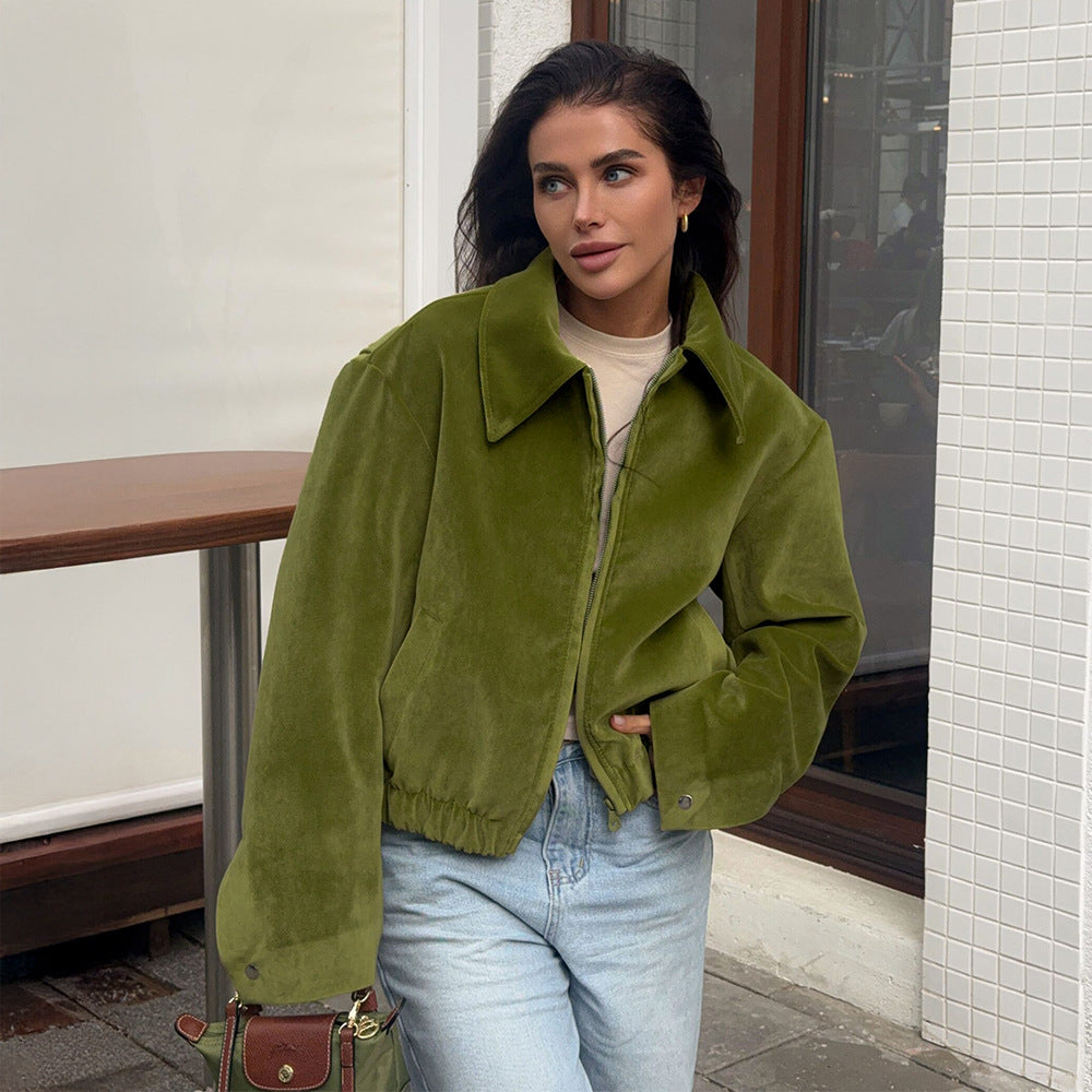 Damen Modische Bouclé-Jacke mit trendigem Kragen und elastischem Saum Drune
