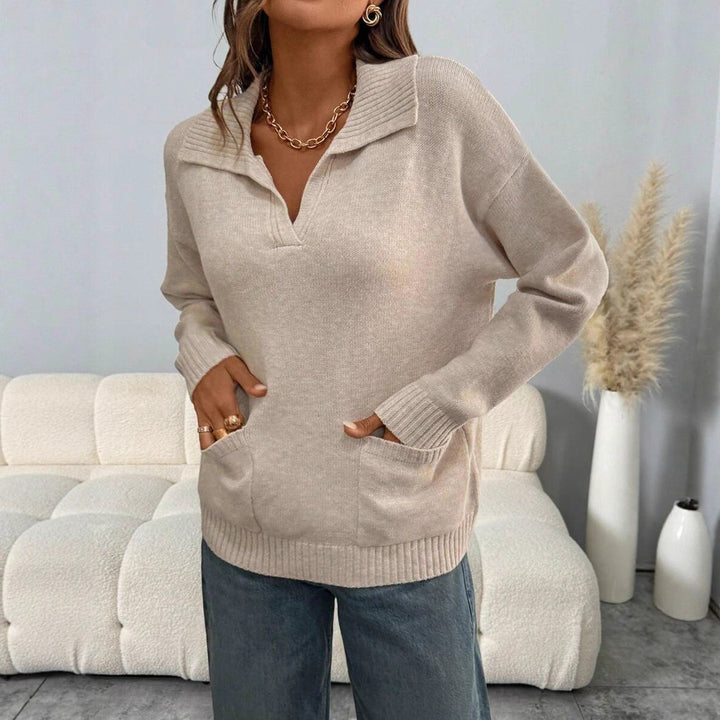 Damen kuscheliger Pullover mit Reverskragen und aufgesetzten Taschen Drune