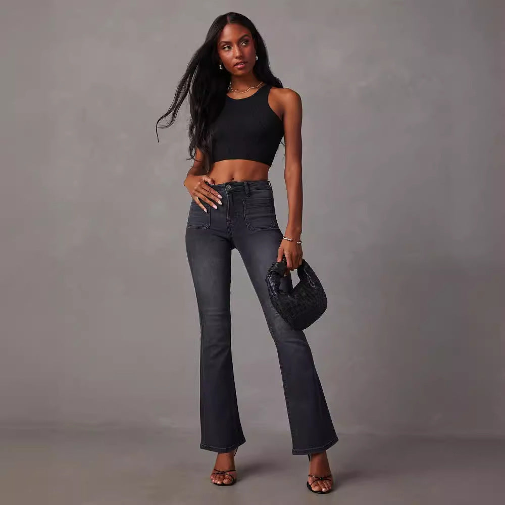 Damen Flared Jeans mit hohem Bund und strukturiertem Denim Drune