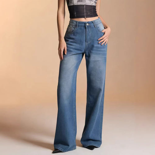 Damen weite Denim-Hose mit Vintage-Waschung und hoch geschnittenem Bund Drune