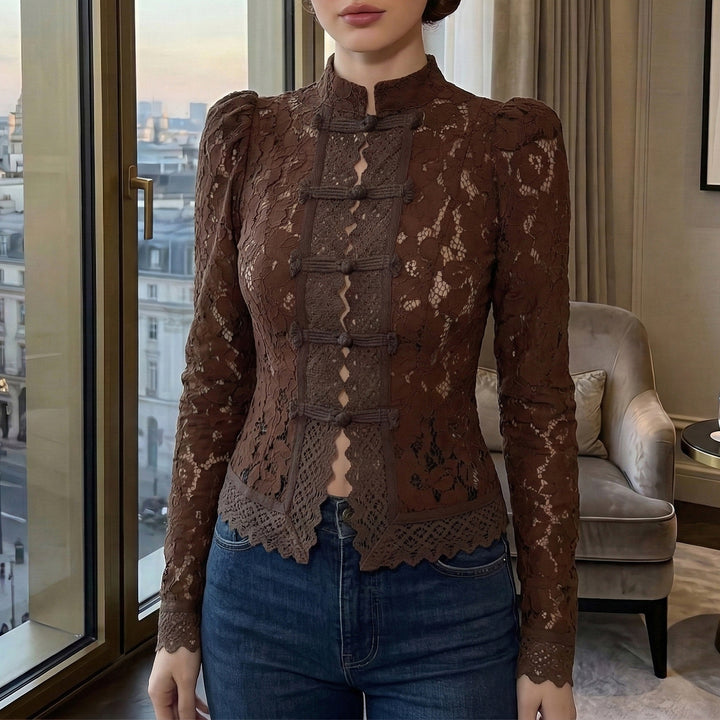 Damen Spitzenbluse mit strukturierten Details und elegantem Stehkragen Drune