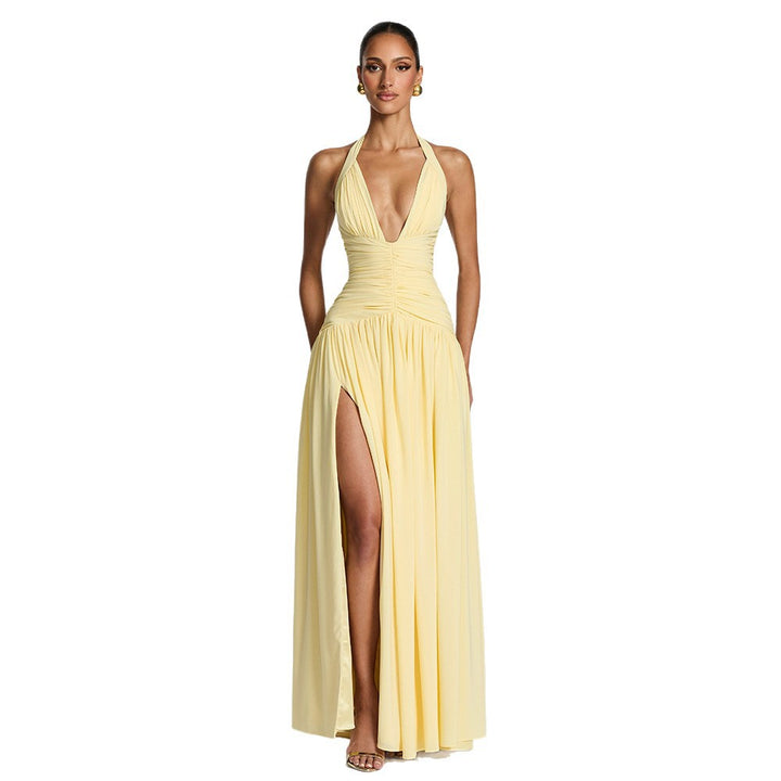 Damen Maxikleid mit tiefem V-Ausschnitt und figurbetonter Raffung Drune