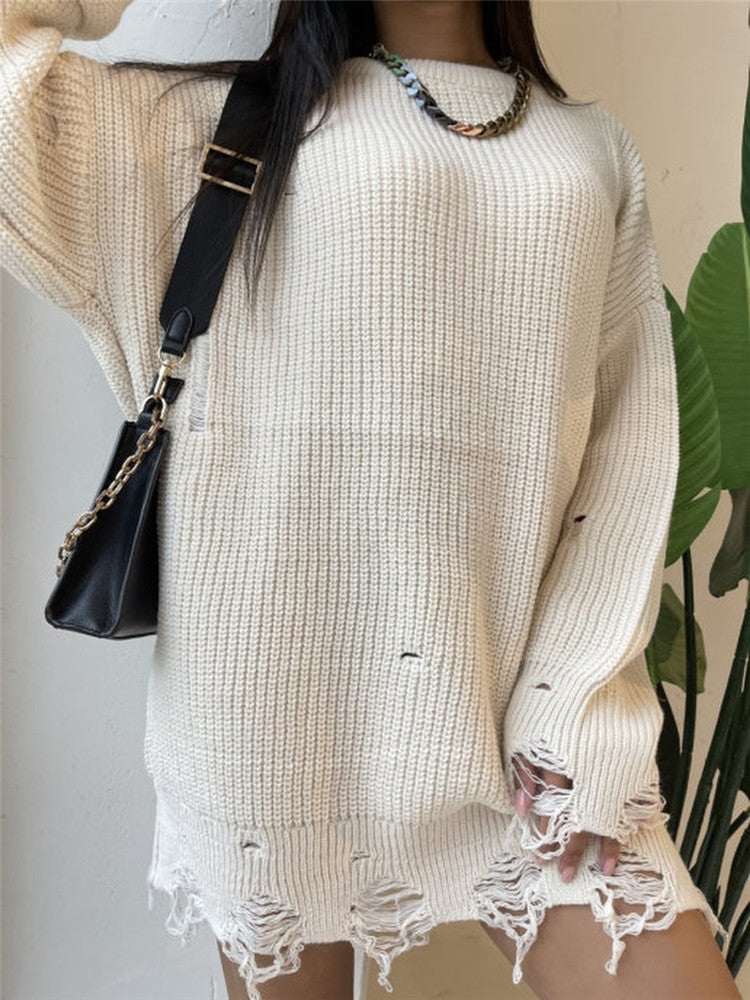 Damen lässiger Langpullover mit strukturiertem Rippdesign und offenen Säumen Drune