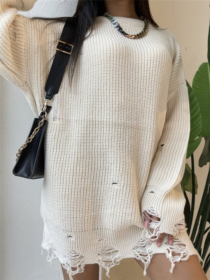 Damen lässiger Langpullover mit strukturiertem Rippdesign und offenen Säumen Drune