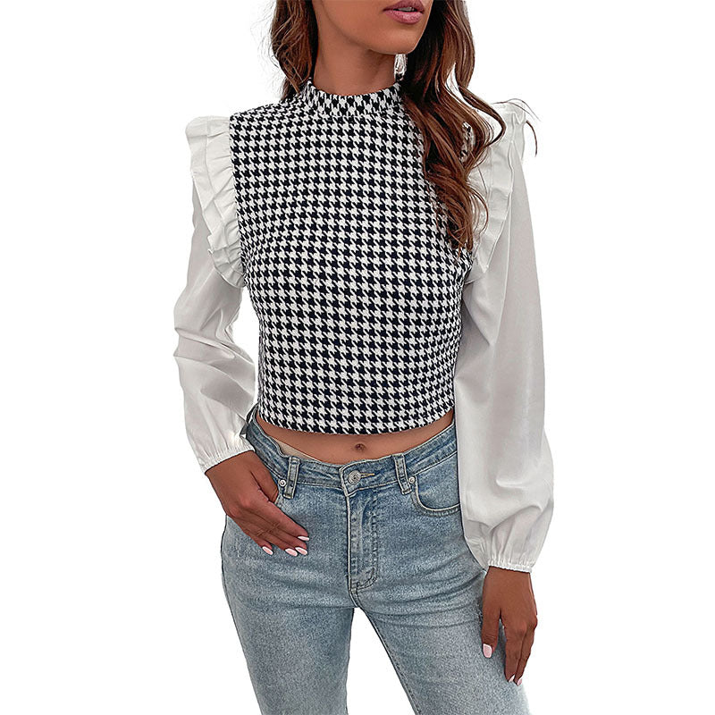 Damen Crop-Top mit voluminösen Ärmeln und modischem Karomuster Drune