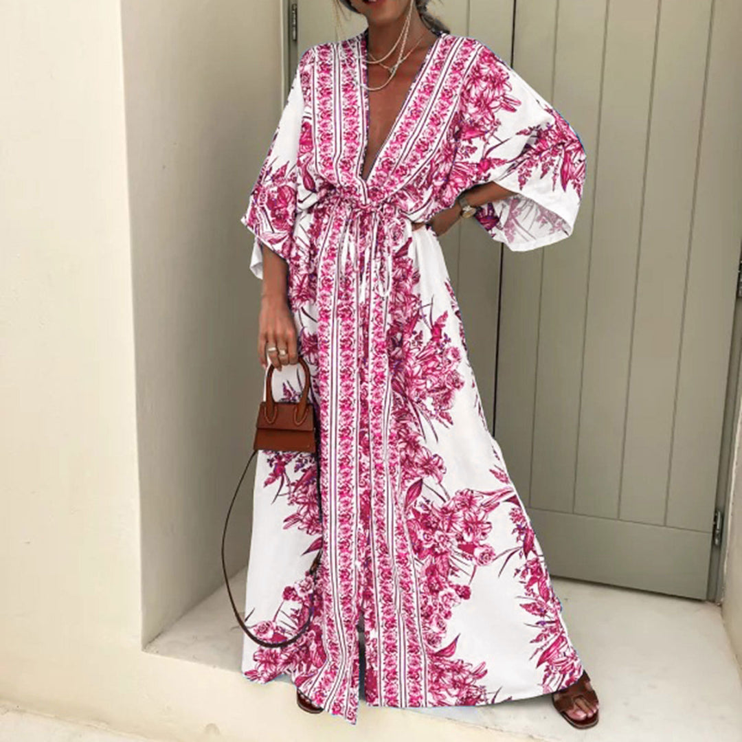 Damen luftiger Kaftan mit kunstvollem Blumenmuster und eleganten Details Drune