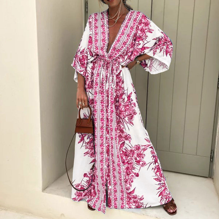 Damen luftiger Kaftan mit kunstvollem Blumenmuster und eleganten Details Drune