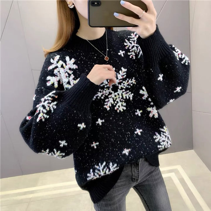 Damen Strickpullover mit Wintermotiv und Puffärmeln Drune